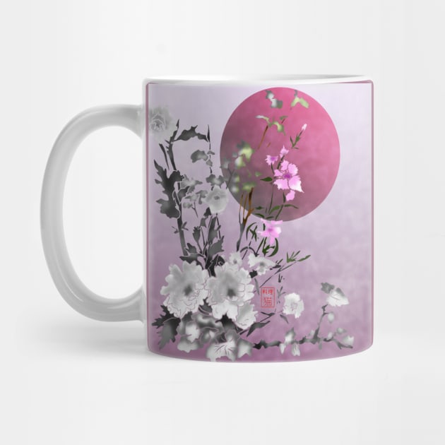 sumiE flowers and a big pink moon by cuisinecat